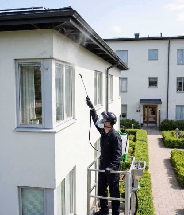 Husfixarna utför spindelsanering på ett bostadshus